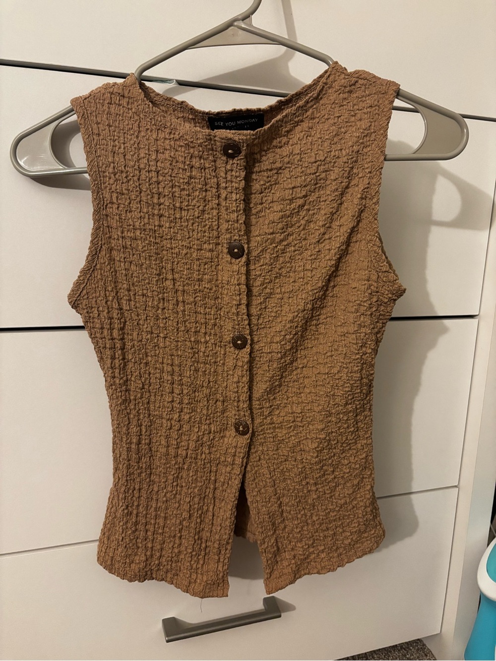 See You Monday Textured Button-Front Tank in Warm Brown